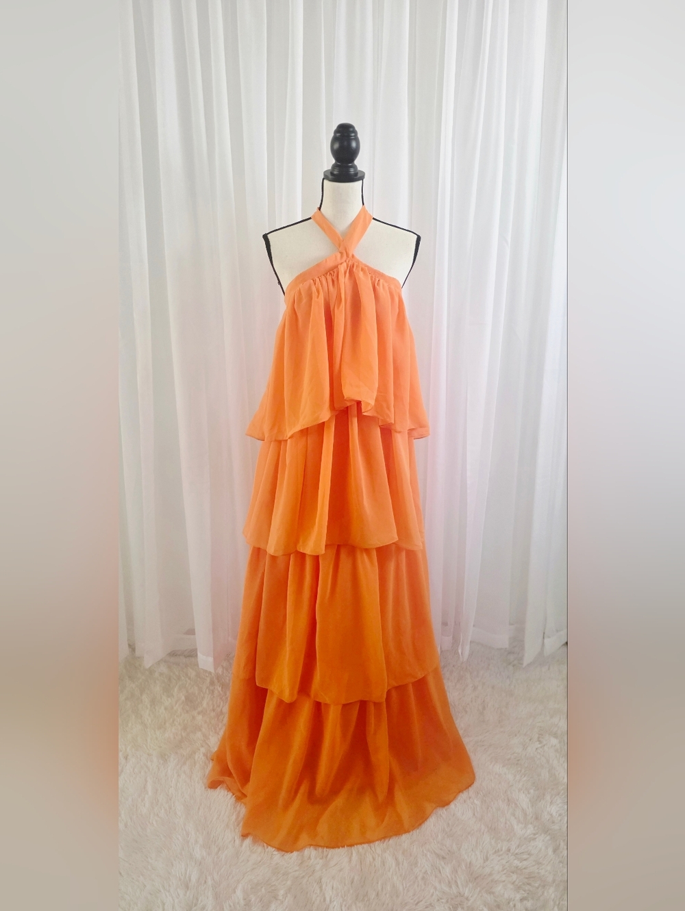 Orange Tiered Halter Maxi Dress